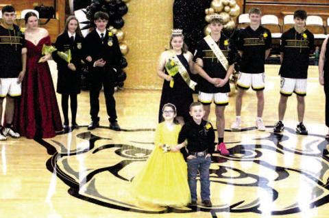 CALVIN BULLDOGS CROWNED A NEW HOMECOMING QUEEN IN DECEMBER. Pictured above is the Calvin Homecoming Court (L-R): Brookeglyn Weyandt, Elexzay Carrillo, Sierra Ulmer, Elijah Allison, Geanny Carrillo, Terra Hart, Kaden Howell, Joseph Roebuck, Lyndsey Hemsher