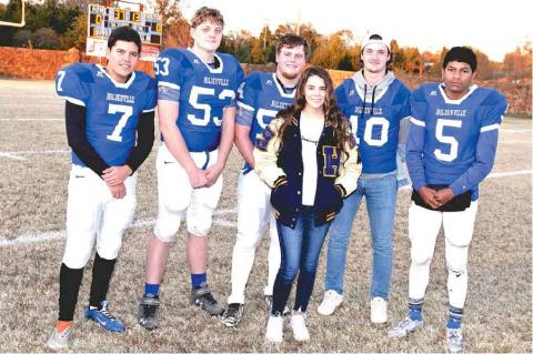 2019 FOOTBALL SENIORS—Juan Sierra, Hunter Morrison, Brandon Giles, Cody Garlett, Tavian Buck and Watergirl - Mazlin Goforth.