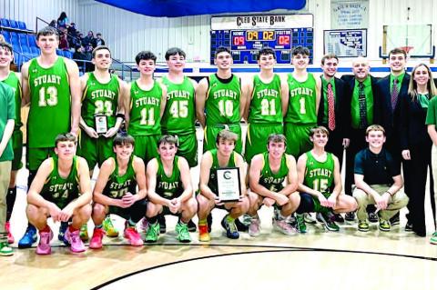THE #3-RANKED STUART HORNETS WON THE CIMARRON WINTER CLASSIC CHAMPIONSHIP WITH WINS OVER ALINE-CLEO, CALUMET JV, AND CIMARRON. Nolan Lindley was named to the All-Tournament Team, and Jaren Weedn was named the Tournament MVP. 2025 Stuart Hornets (l to r) b