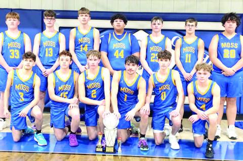 MOSS PIRATES BOWLEGS BASKETBALL TOURNAMENT CHAMPIONS. Back row: Heston Nolen, Trevor Story, Grady Mills, Tyler Harjochee, Jackson O’Kelley, Jacob Gentry, Tony Wulf. Front row: Landen Metz, Levi Foster, Orion Pointer, Michael Simrell, Tredyn Armstrong, T