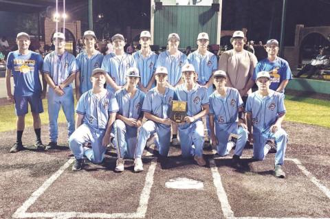 MOSS PIRATES TAKE 3RD PLACE IN PRESTON TOURNAMENT. Back row: Assistant Coach Michael Freeman, Landon Golden, Garrett Lagrone, Heston Nolen, Manning Robertson, Easton Smith, Jackson O’Kelley, Tyler Harjochee (manager), Head Coach Daxton Carter. Front row