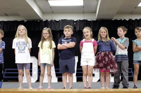 CALVIN 1ST GRADE STUDENTS are pictured at the Elementary Awards Assembly where they received awards for they achievements. Pictured are (left to right) Asa Alexander, Emma Ball, Hattie Harden, Raiden Johnson, Lillie Snot, Jerrelin Turner, Renley Westbrook