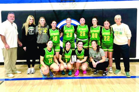 THE STUART LADY HORNETS ARE THE CIMARRON WINTER CLASSIC CONSOLATION CHAMPIONS. They beat Taloga and Cimarron to win the consolation plaque. Lady Hornets (l to r) back row: Assistant Coach Jeff Parnell, Miley Davis, Lainey Parnell, Abbi Shields, Kacyn Whit