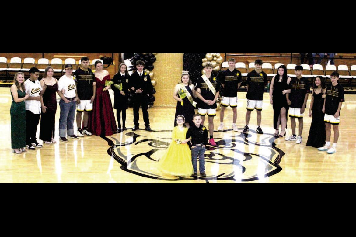 CALVIN BULLDOGS CROWNED A NEW HOMECOMING QUEEN IN DECEMBER. Pictured above is the Calvin Homecoming Court (L-R): Brookeglyn Weyandt, Elexzay Carrillo, Sierra Ulmer, Elijah Allison, Geanny Carrillo, Terra Hart, Kaden Howell, Joseph Roebuck, Lyndsey Hemsher