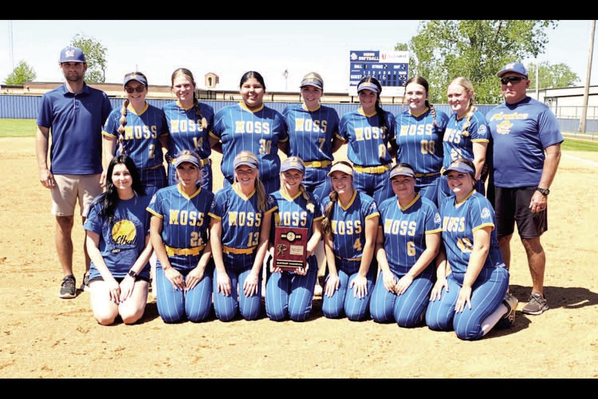 MOSS LASY PIRATES WIN DISTRICTS! Pictured above: Moss Slowpitch District Champion Team - Back row: Assistant Coach Tucker Brown, Sloane Van Haren, Landri Mills, Leah Harjochee, Elexis Stafford, Tanna Brown, Laney Moreno, Graycee Janes; Front row: Hailey P