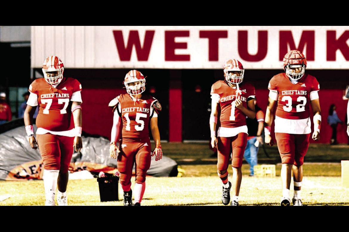 WETUMKA SENIOR FOOTBALL PLAYERS TAKE THE FIELD FOR SENIOR NIGHT IN WETUMKA... pictured above are Senior Chieftains Kylar Gordon, Joshua Lee, Nick Taylor, and Phillip Ross. WETUMKA SENIOR FOOTBALL PLAYERS TAKE THE FIELD FOR SENIOR NIGHT IN WETUMKA... pictured above are Senior Chieftains Kylar Gordon, Joshua Lee, Nick Taylor, and Phillip Ross.