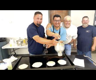 BATTER UP! The Kiwanis Cooks were all smiles as they served the community of Wetumka at this year’s pancake breakfast. Pictured above are: Landon Oliver, Eric Yahola, Emmett Leftwich, and Adam Anderson